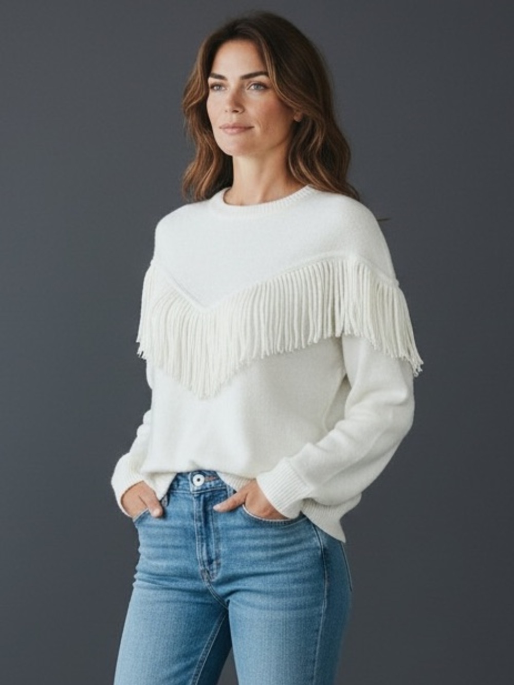 Chelsea & Theodore White Fringe Crew Sweater Ivory Size M #2086 NWT